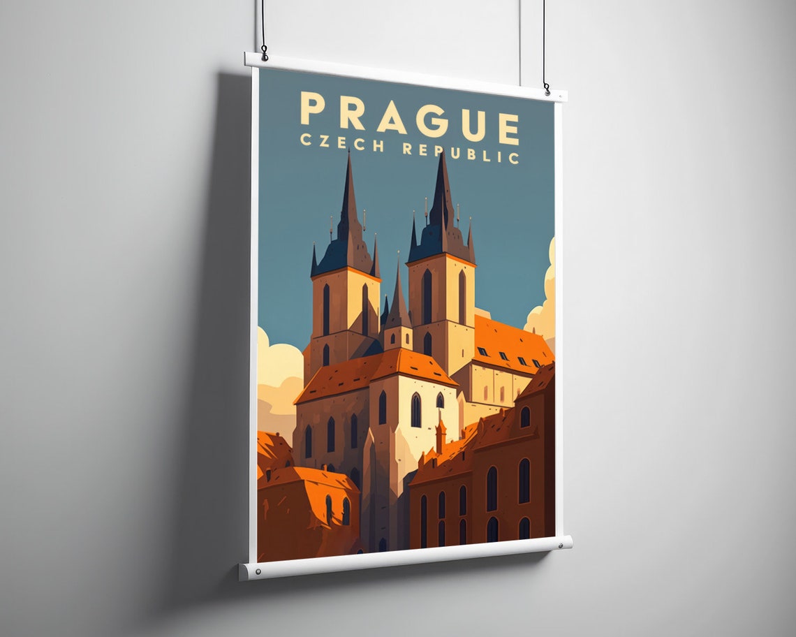 Prague Czech Republic Twin Spires Old Town Retro Travel Poster - Image 3