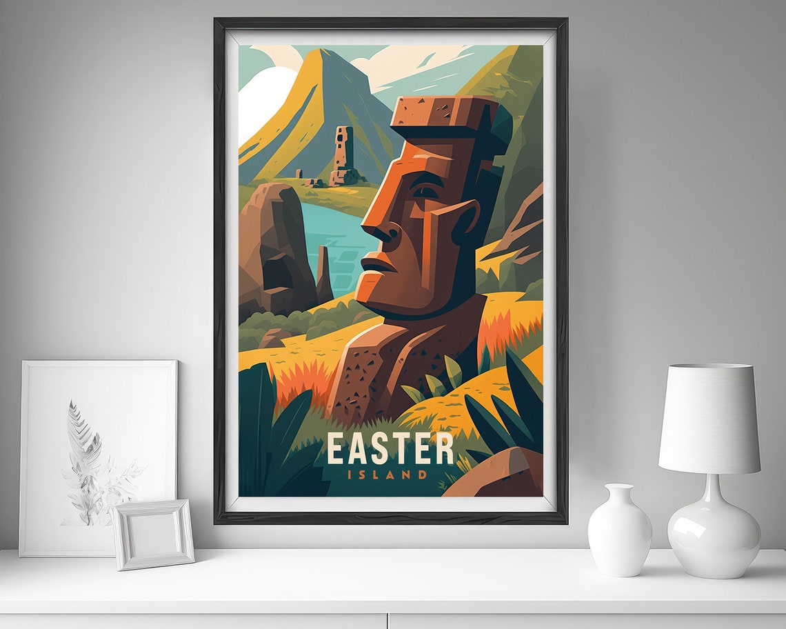 Easter Island Moai Statue Vintage Travel Poster Volcano Hills - Image 4