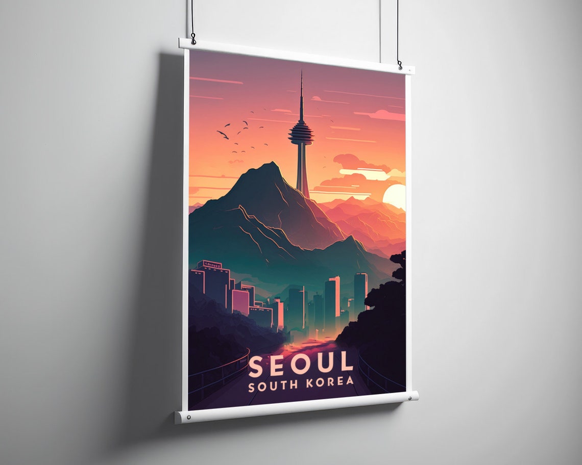 Seoul South Korea Tower Mountain Sunset Vintage Travel Art Poster - Image 3