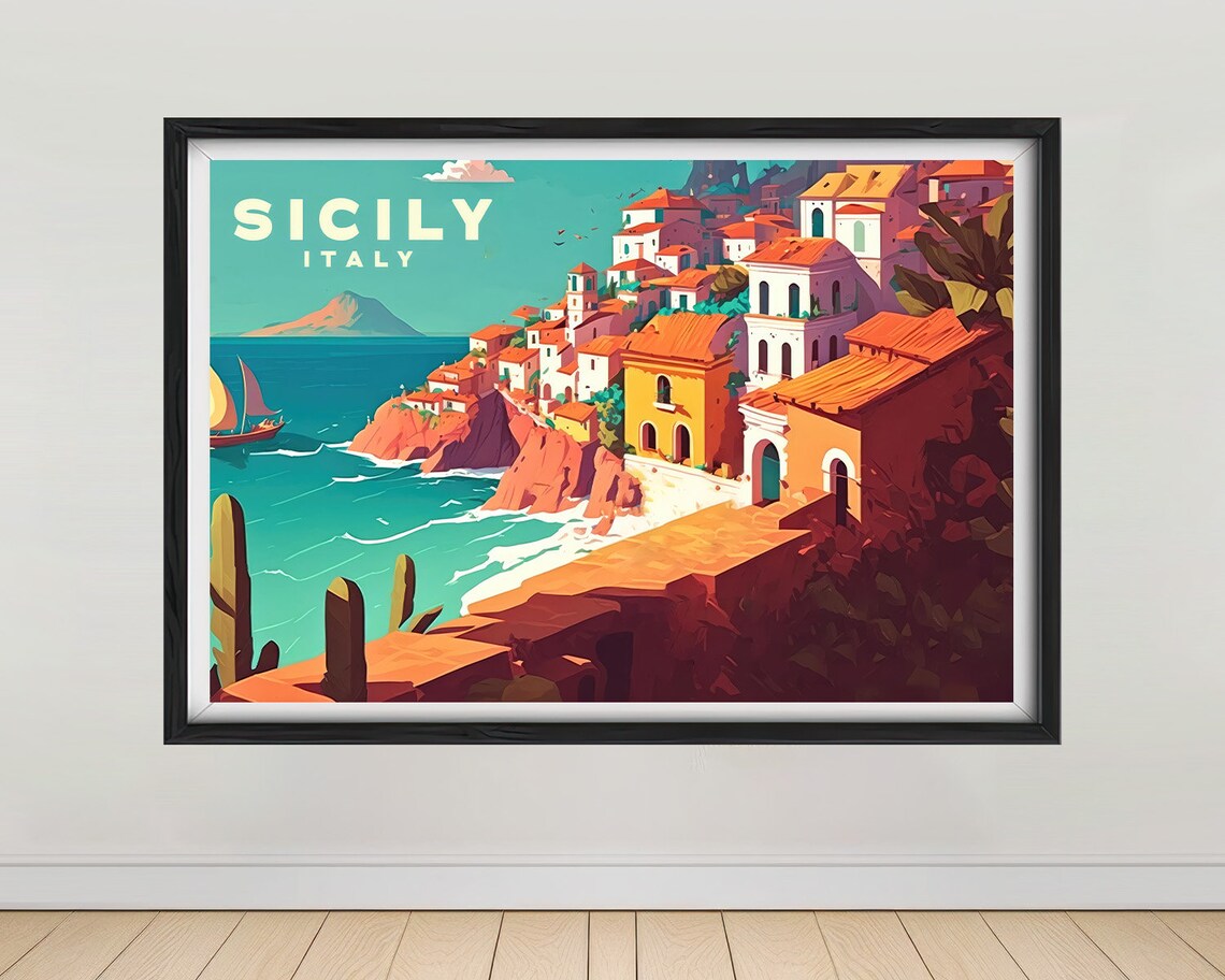 Sicily Italy Cliffside Coastal Town Sailboat Retro Travel Poster