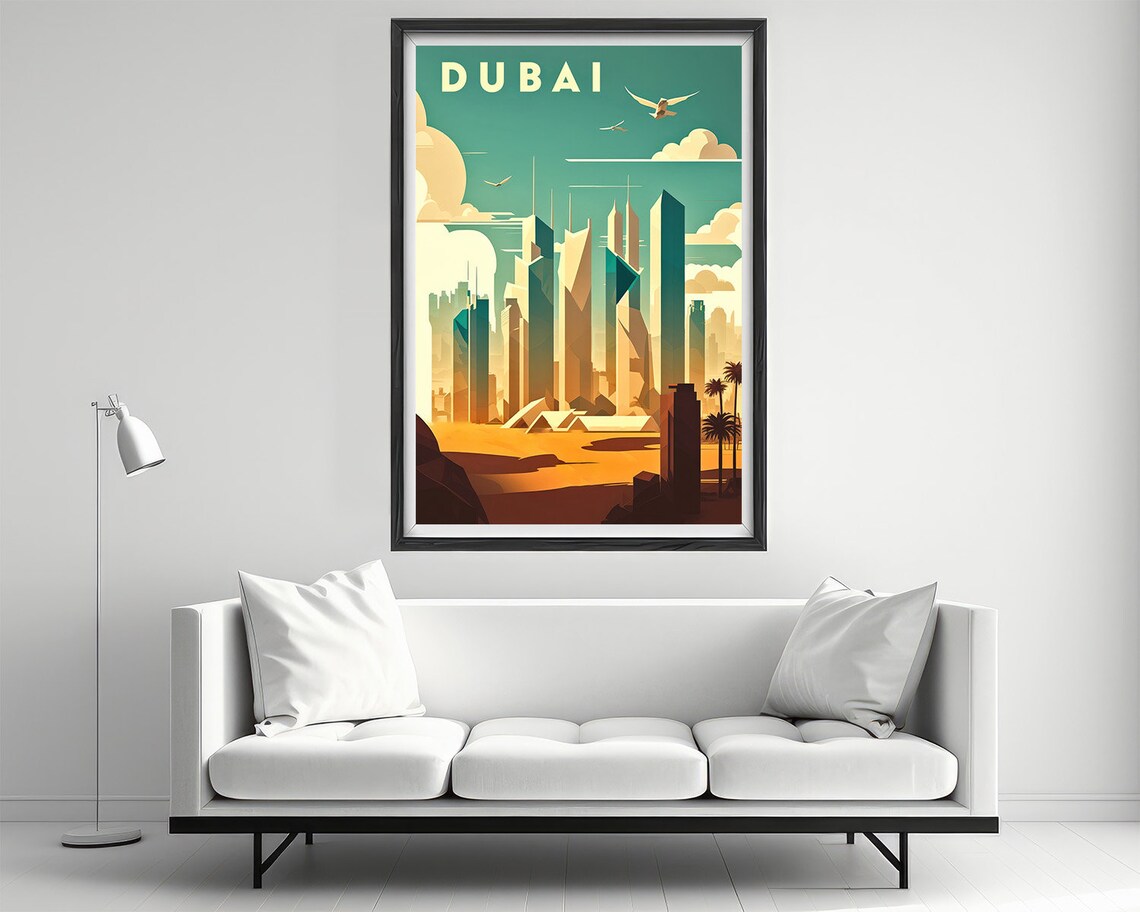 Dubai UAE Vintage Travel Poster Modern Skyline Desert Sunset Art - Image 2
