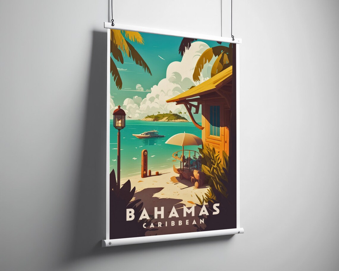 Bahamas Caribbean Vintage Travel Poster Beach Hut Boat Scene - Image 3
