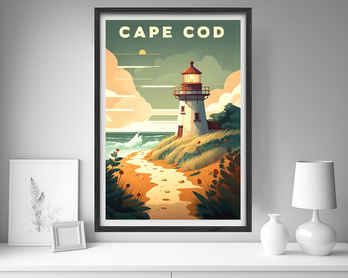 Cape Cod Lighthouse Ocean Dunes Beach Sunset Vintage Travel Poster - Image 4