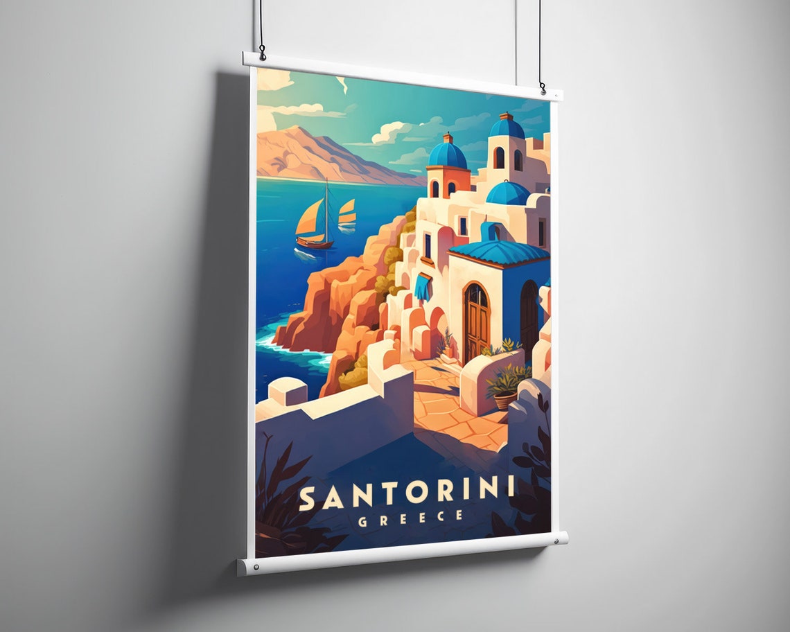 Santorini Greece Vintage Travel Poster Blue Domes Aegean Sea - Image 3