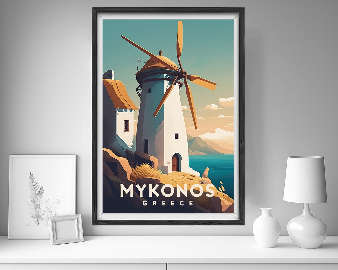 Mykonos Greece Windmill Seaside Sunset Aegean Island Travel Poster - Image 4
