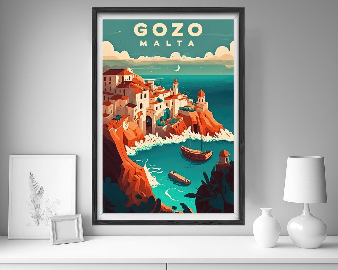 Gozo Malta Cliffside Old Town Turquoise Sea Vintage Travel Poster - Image 4