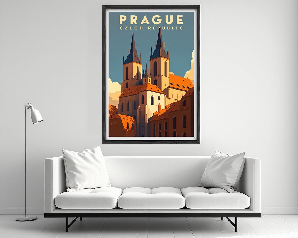 Prague Czech Republic Twin Spires Old Town Retro Travel Poster - Image 2