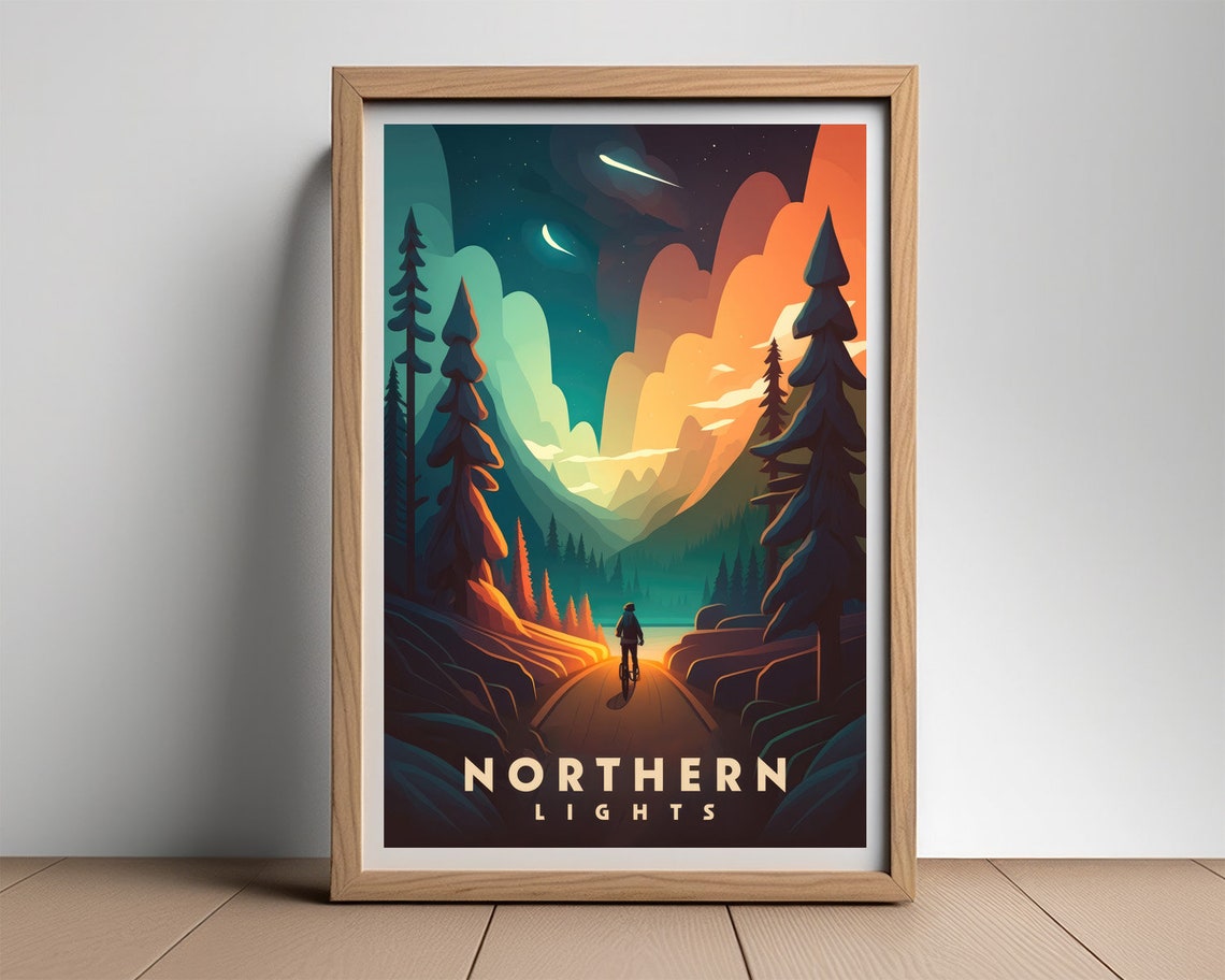 Northern Lights Night Sky Cyclist Mountain Aurora Adventure Poster - Image 3