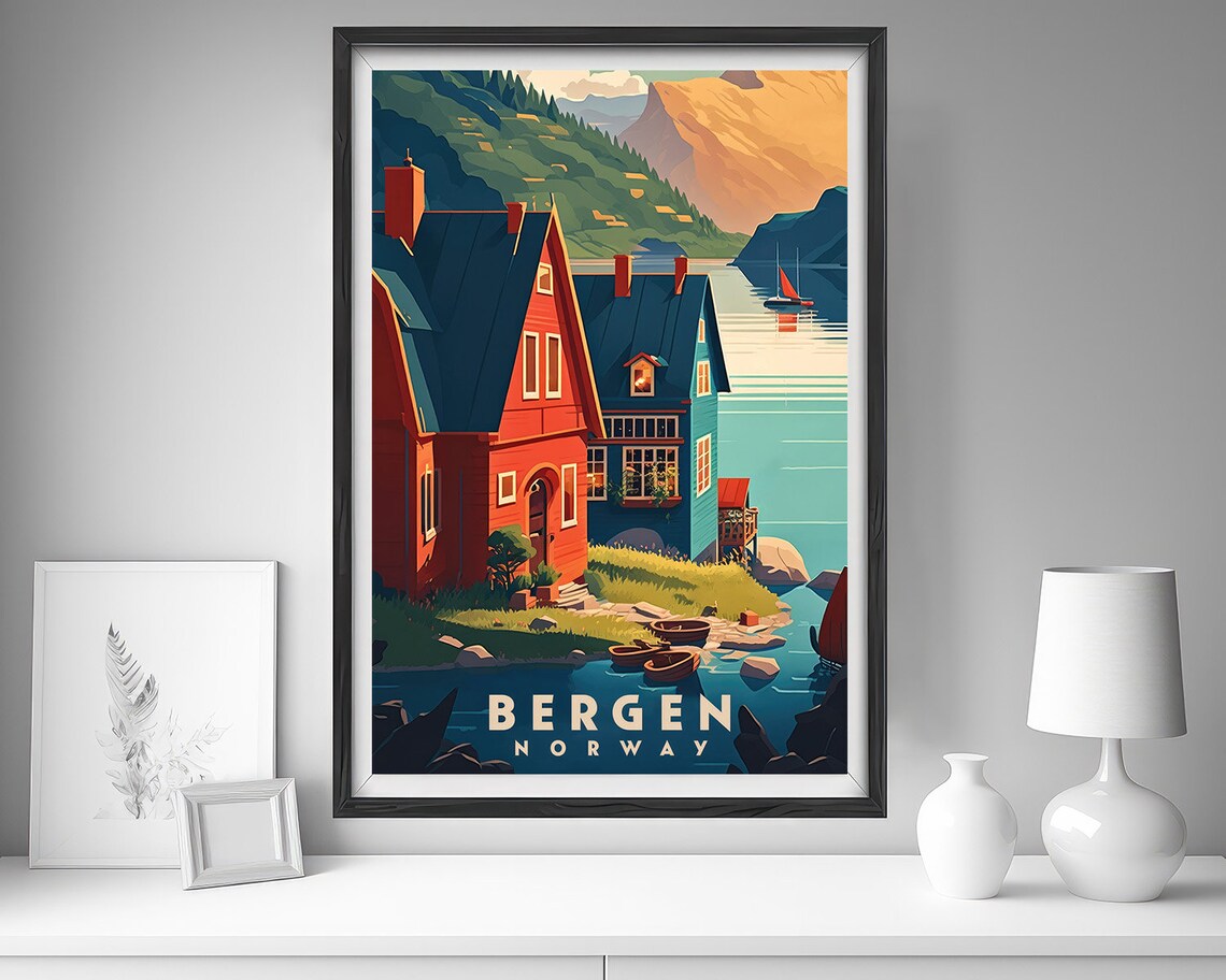 Bergen Norway Fjord Village Sailboat Vintage Travel Art Poster - Image 4