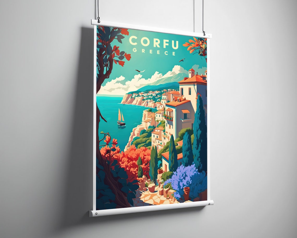 Corfu Greece Seaside Cliff Village Coastline Vintage Travel Poster - Image 3