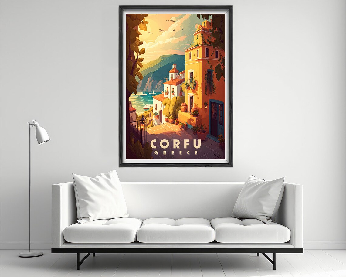 Corfu Greece Coastal Village Island Sunset Retro Travel Poster Art - Image 2