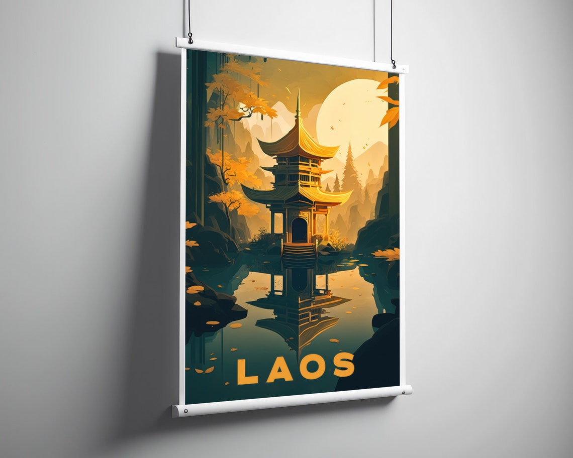 Laos Golden Pagoda Reflecting Lake Sunset Retro Travel Poster - Image 3