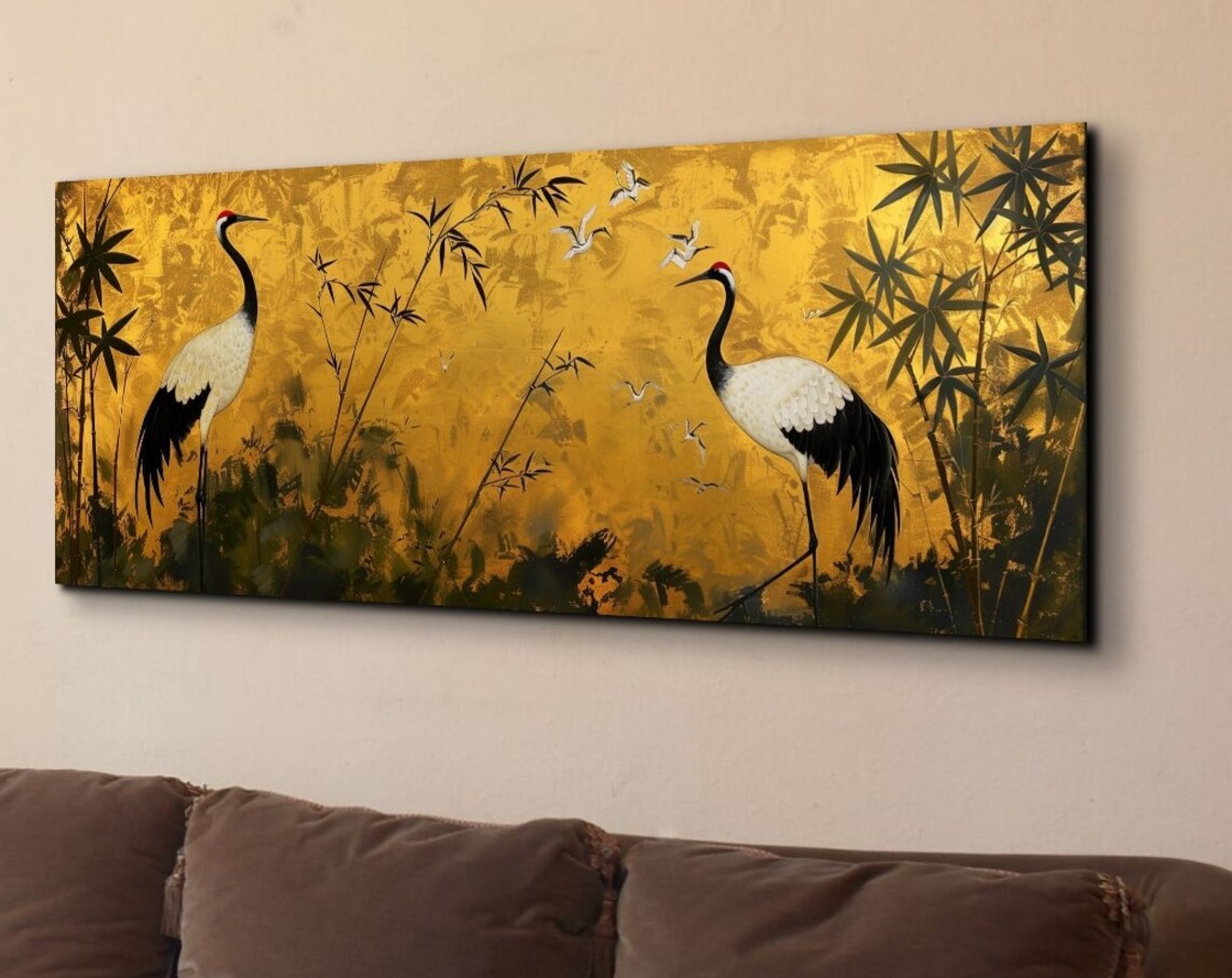 Red Crowned Cranes and Bamboo on Gold East Asian Style Poster
