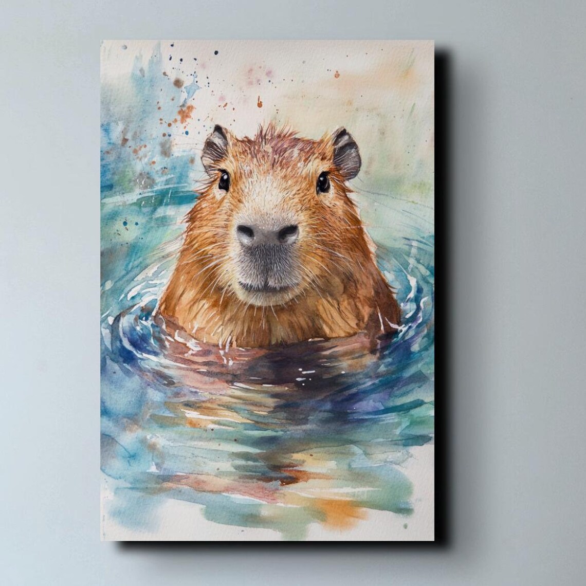 Capybara In Water Cute Watercolor Animal Portrait Art Poster