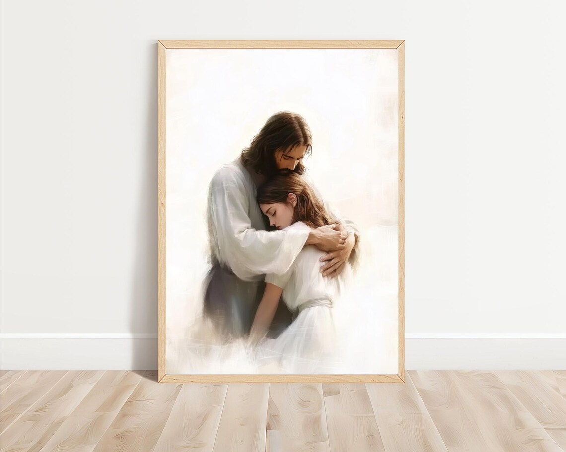 Jesus Hugging Crying Woman Comforting Embrace Soft White Light Faith Poster - Image 3