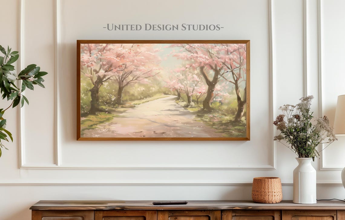 Cherry Blossom Trees Pink Petals Path Spring Painting Poster - Image 4
