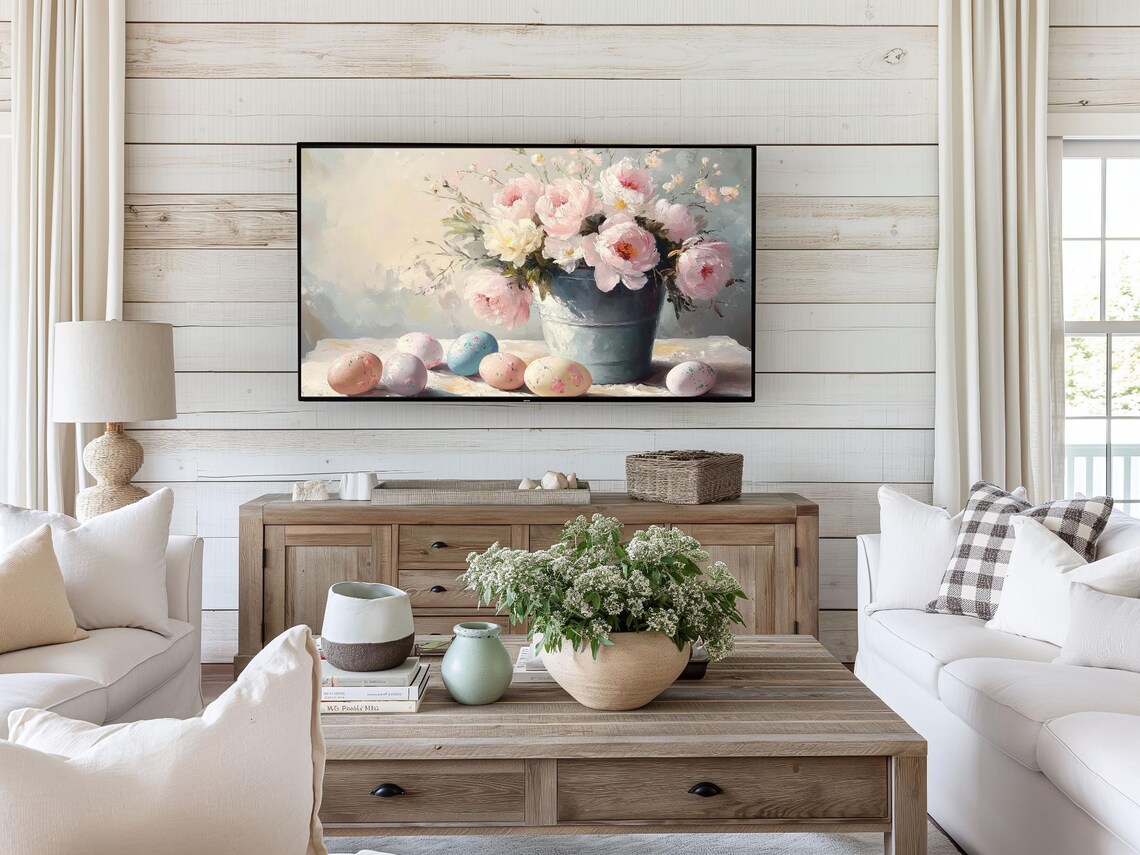 Easter Eggs Flowers, Neutral Farmhouse Easter Art - Image 2