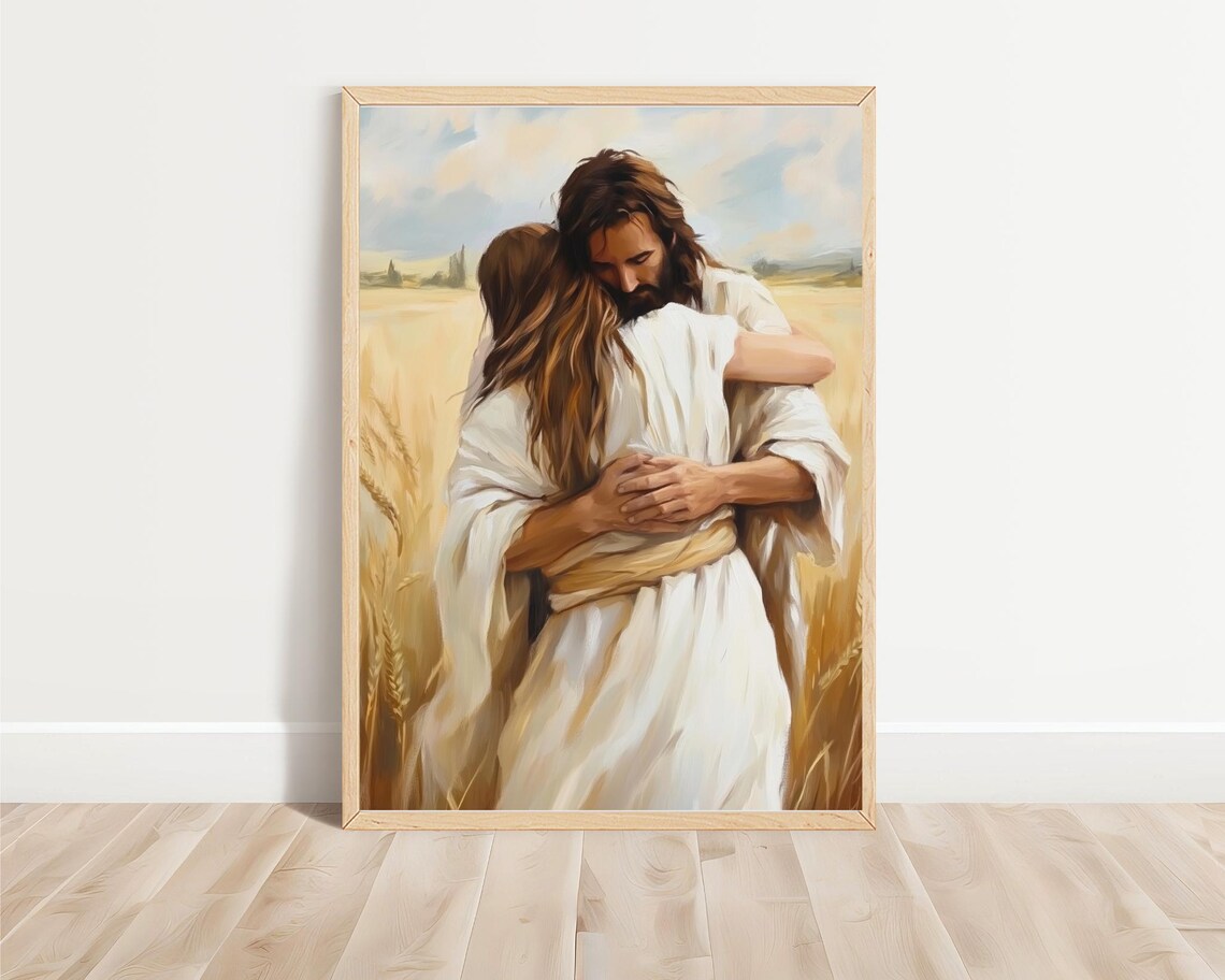 Jesus Hugging Woman In Golden Wheat Field Tender Embrace Oil Painting Poster - Image 3