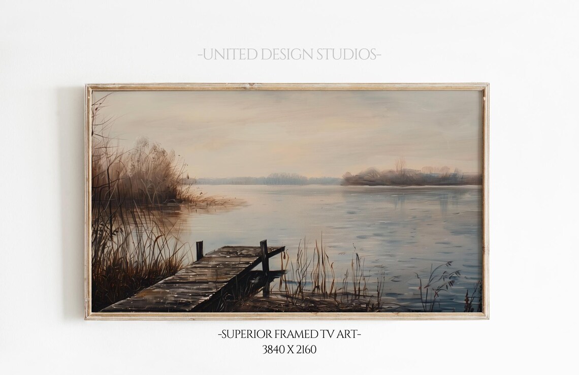 Serene Lake Wooden Dock Reeds Muted Landscape Painting Poster