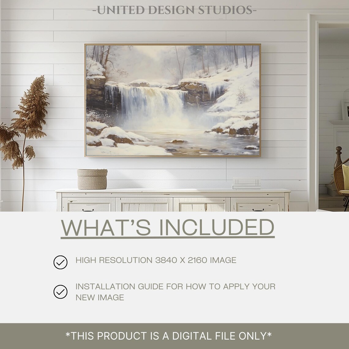 Frozen Winter Waterfall Snowy Rocks Landscape Painting Wall Art - Image 2