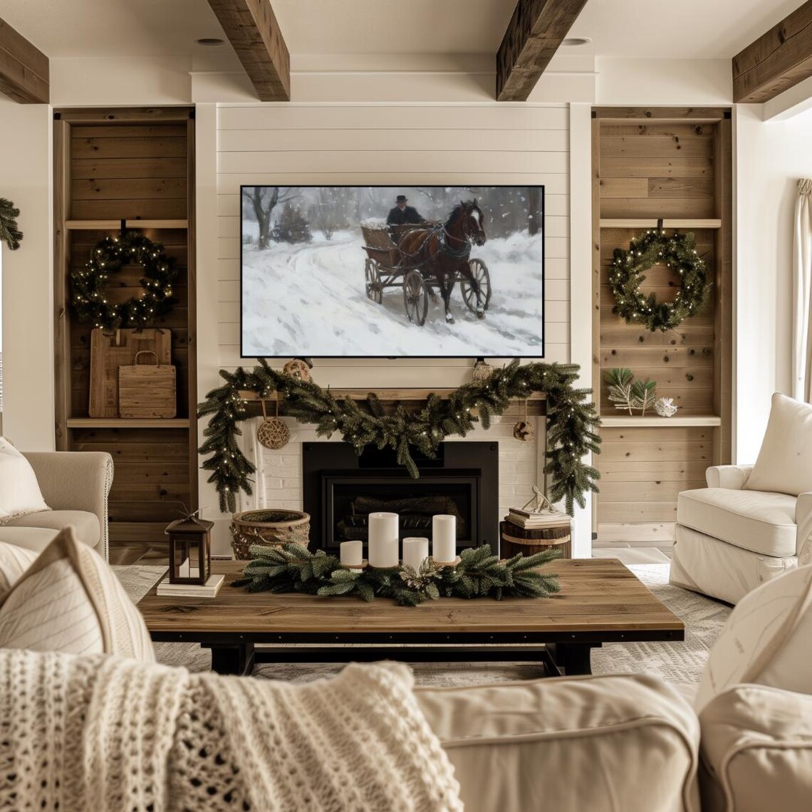 Horse Drawn Sleigh Snow Vintage Christmas Painting Art Print - Image 4