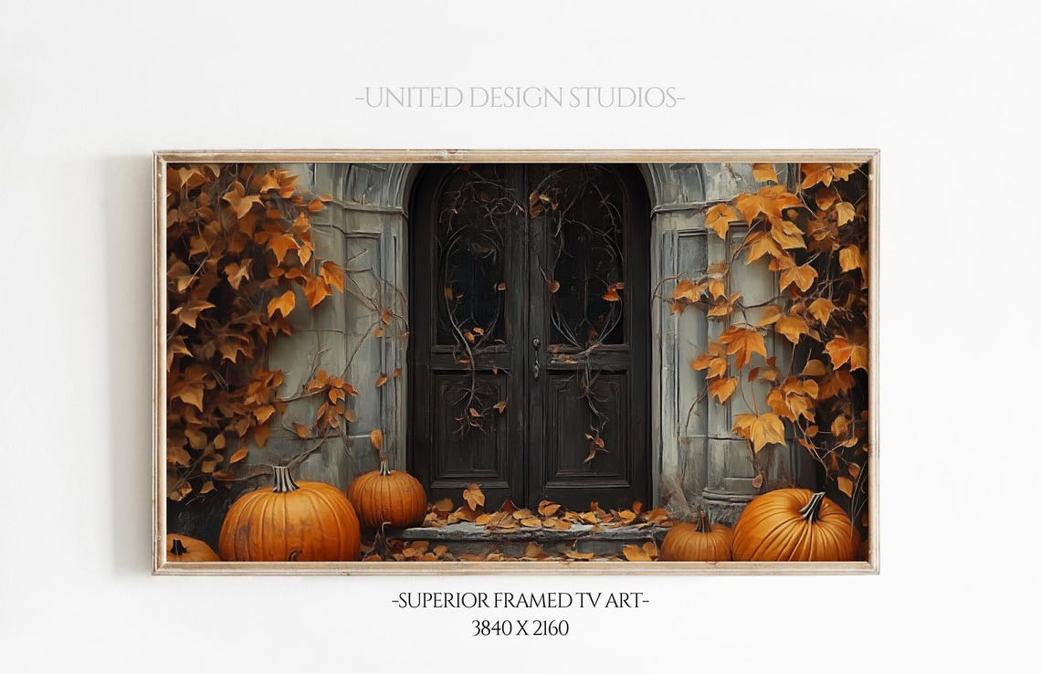 Dark Gothic Door With Pumpkins Fall Halloween Entryway Wall Art