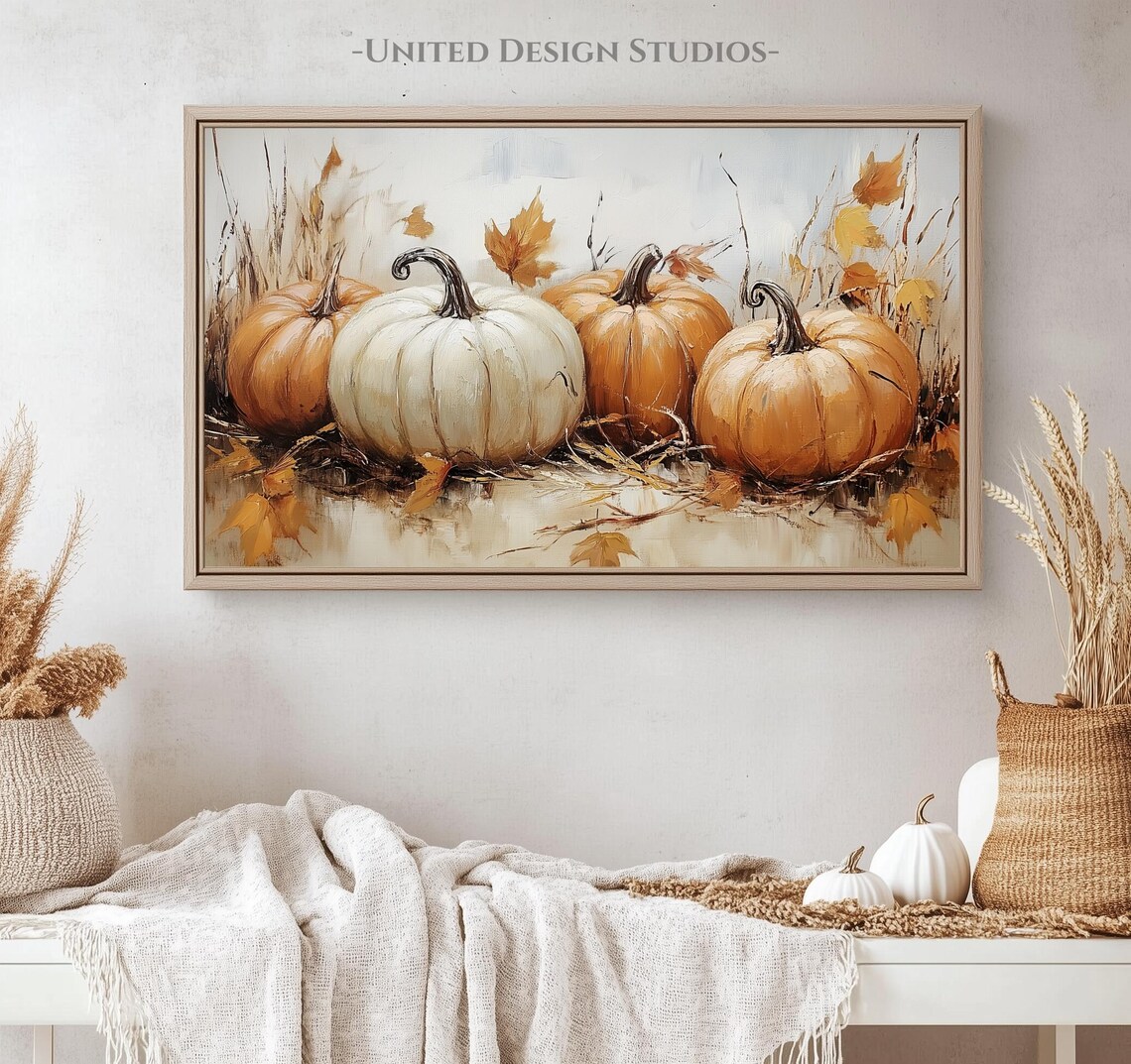 Rustic White Orange Pumpkins Oil Painting Fall Farmhouse Frame TV Poster - Image 4