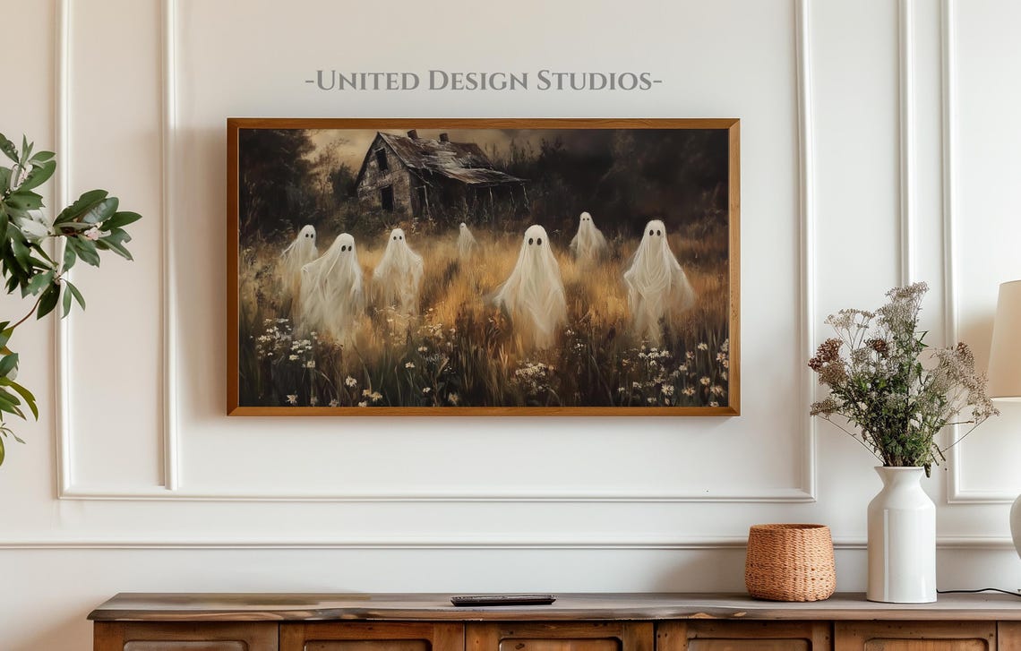 Spooky Ghosts In Moonlit Haunted Field Old House Halloween Wall Art - Image 4
