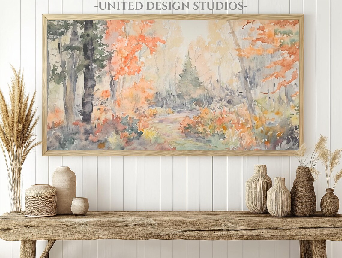 Watercolor Fall Forest Path Orange Leaves Autumn Woods Art Poster - Image 2
