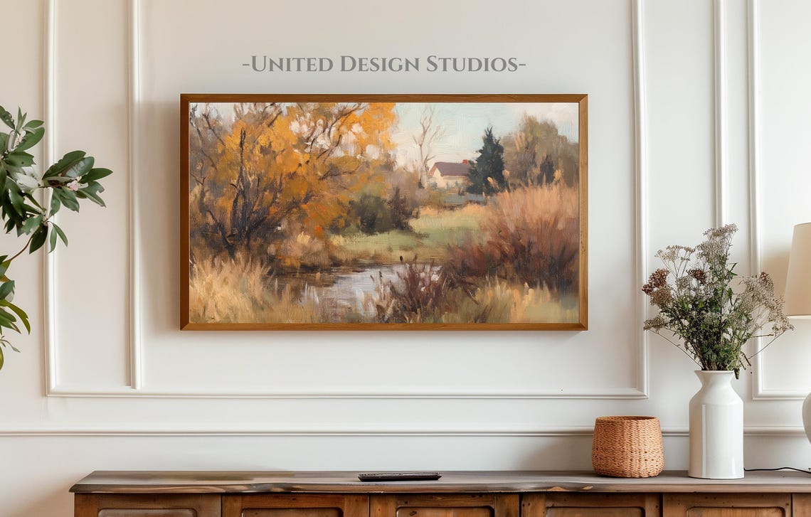 Golden Fall Trees By Creek Cottage Autumn Landscape Wall Art - Image 4