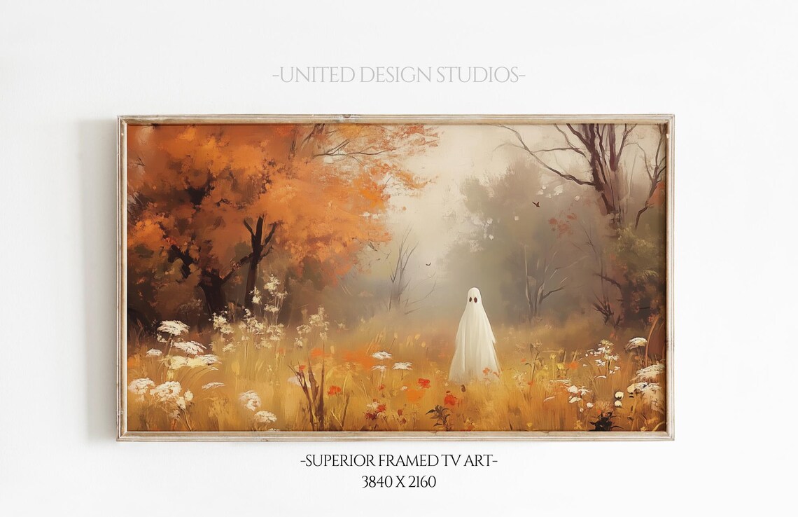 Cute Ghost Autumn Meadow Wildflowers Spooky Halloween Frame TV Art Poster