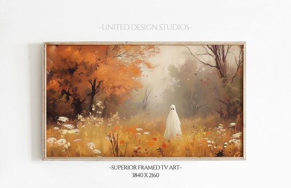 Cute Ghost Autumn Meadow Wildflowers Spooky Halloween Frame TV Art Poster