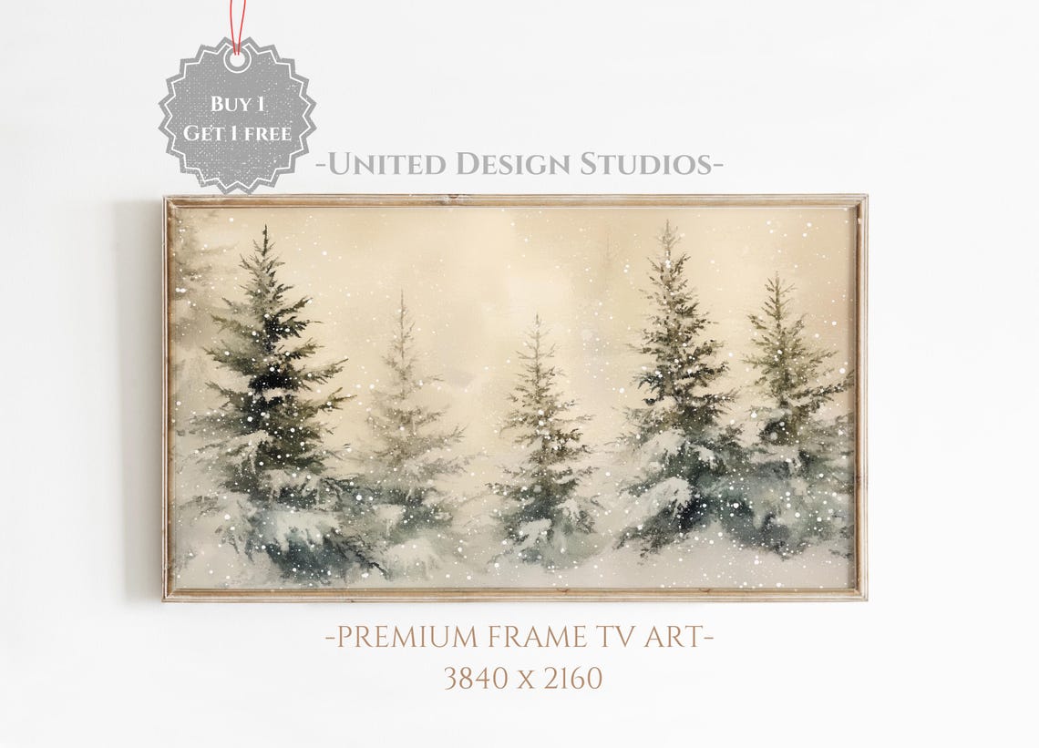 Snowy Evergreen Trees Watercolor Falling Snow Neutral Winter Poster