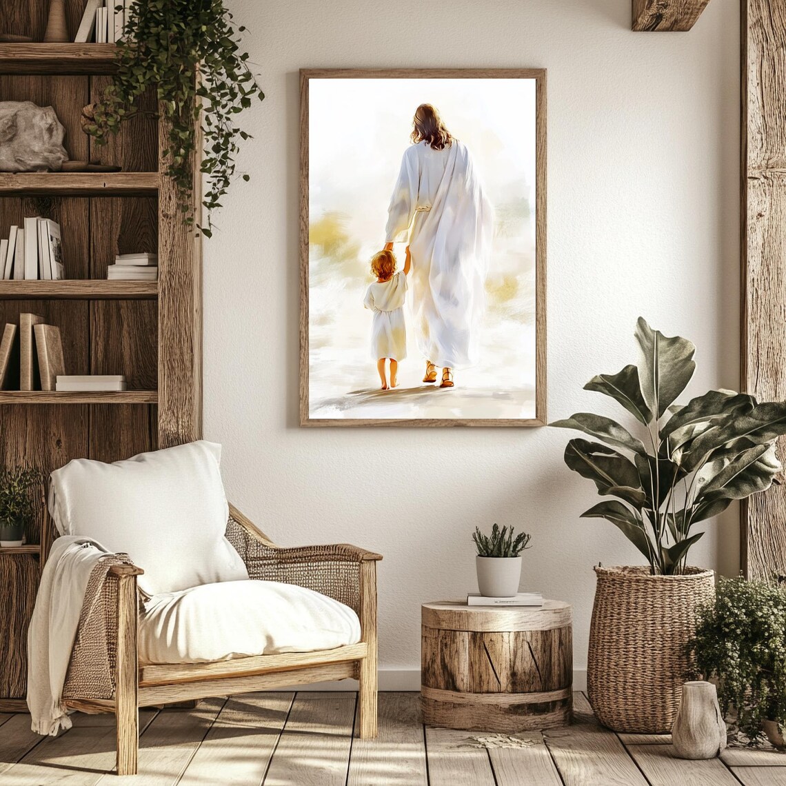 Jesus Holding Child Hand Bright Light Watercolor Christian Faith Art Print - Image 2