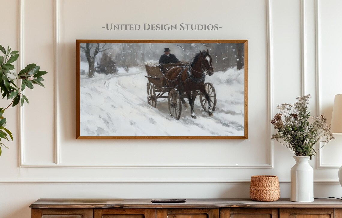Horse Drawn Sleigh Snow Vintage Christmas Painting Art Print - Image 3