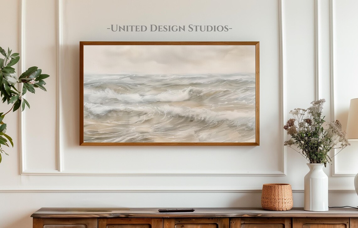 Neutral Ocean Waves Painting Beige Minimalist Seascape Calm Beach Art Poster - Image 4