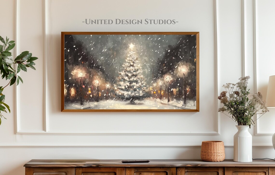 Snowy Christmas Tree Town Square Night Street Lamps Holiday Poster - Image 3