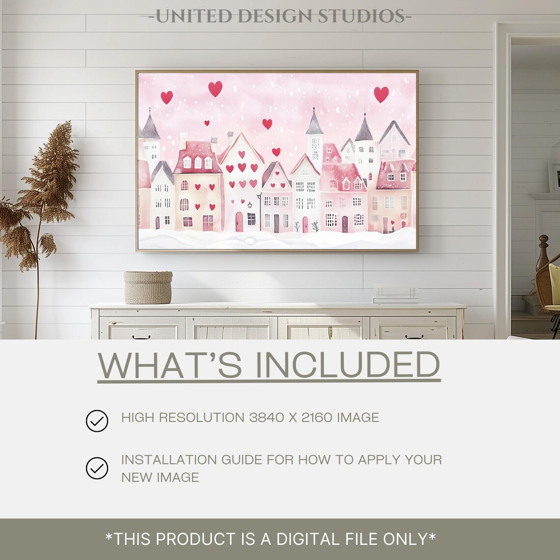 Pink Valentine Village Painting Hearts Romantic Watercolor Wall Art - Image 2