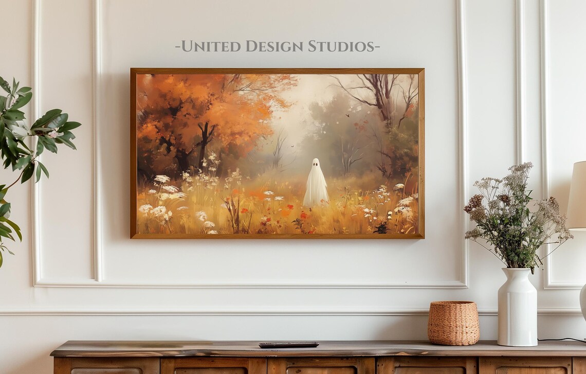 Cute Ghost Autumn Meadow Wildflowers Spooky Halloween Frame TV Art Poster - Image 3