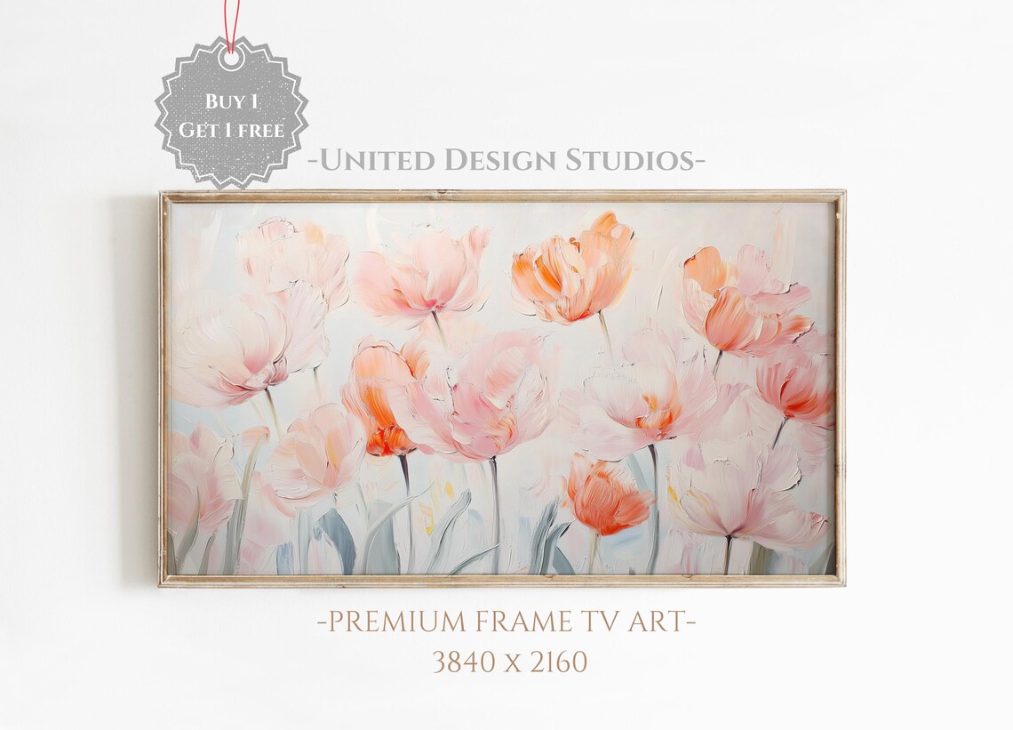 Pink Coral Tulips Pastel Spring Flower Painting Frame TV Art Poster