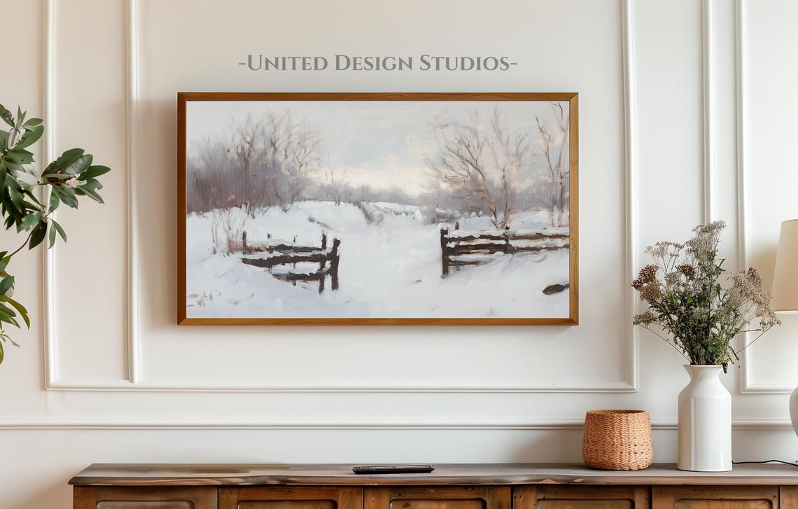 Frame Tv Winter Art Winter Landscape Painting Of Snowy Field Frame Tv Art Farmhouse Winter Landscape Tv Art Cottagecore Winter Tv Art - Image 3