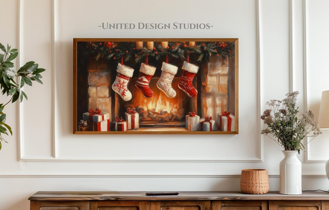 Christmas Frame Tv Art Painting Of Christmas Stockings By Fireplace Tv Art Holiday Frame Tv Art Frame Tv Art Christmas Painting - Image 3