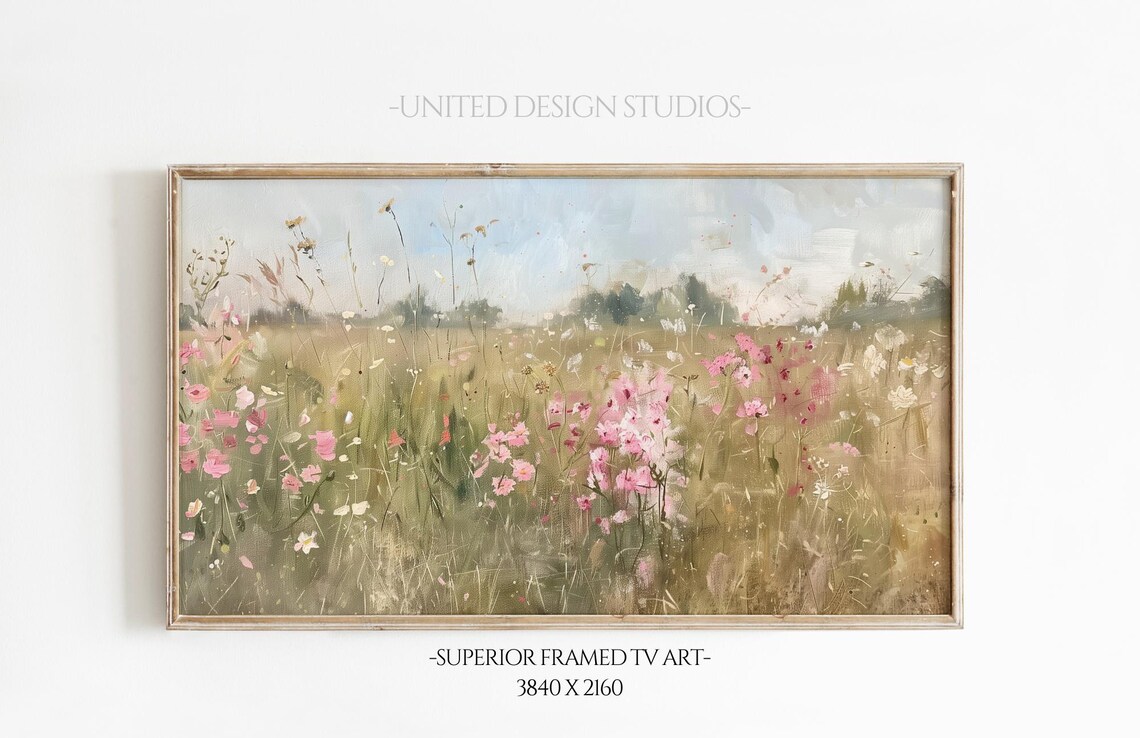 Pink Wildflowers in Spring Meadow, Cottagecore Art Print