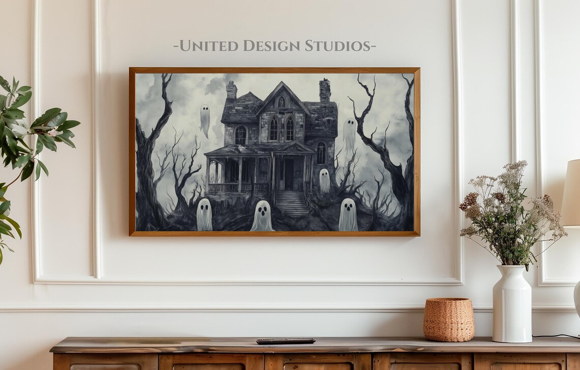 Spooky Haunted House Ghosts Black White Halloween Art Poster - Image 3