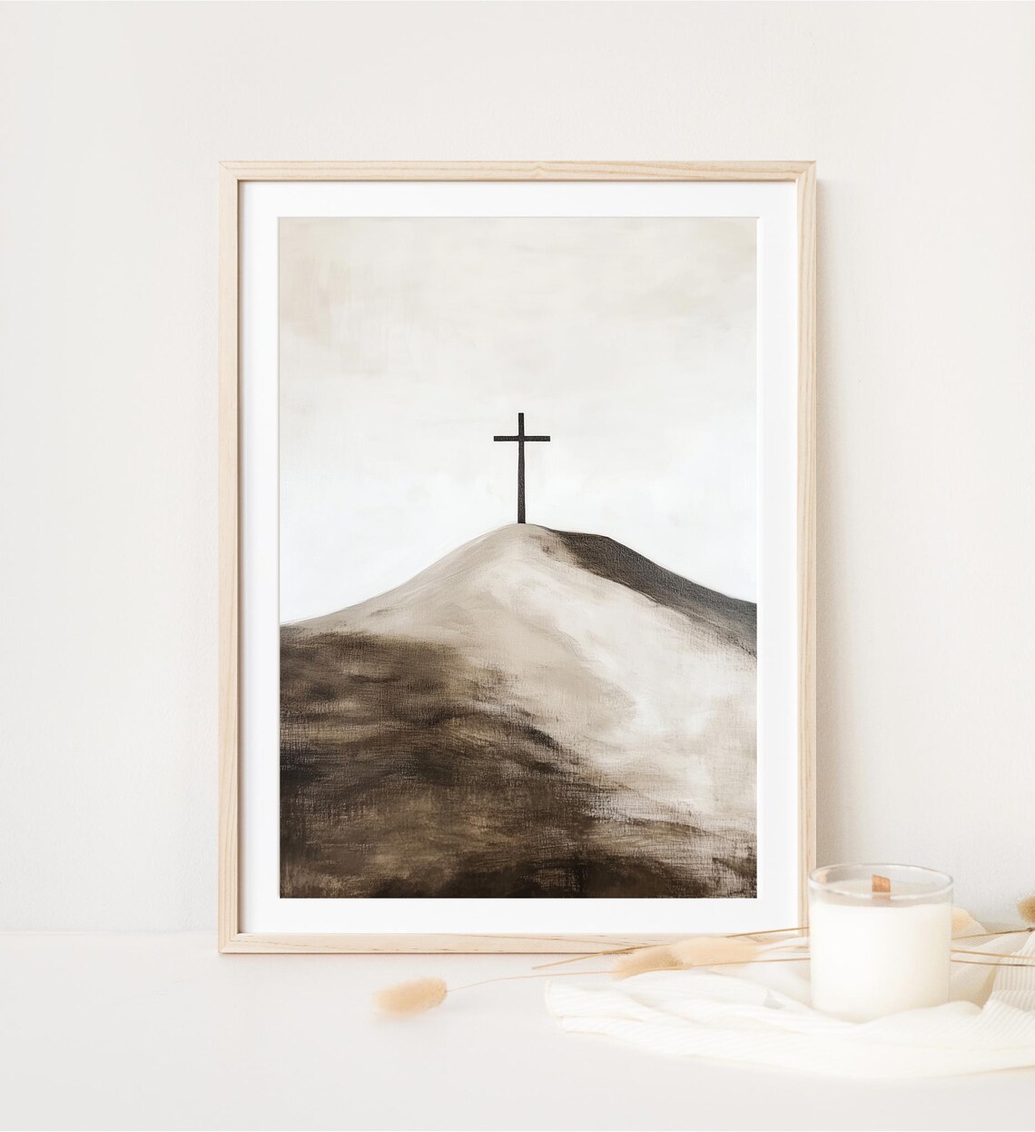 Dark Cross On Hill Minimalist Neutral Christian Faith Wall Art Poster - Image 3