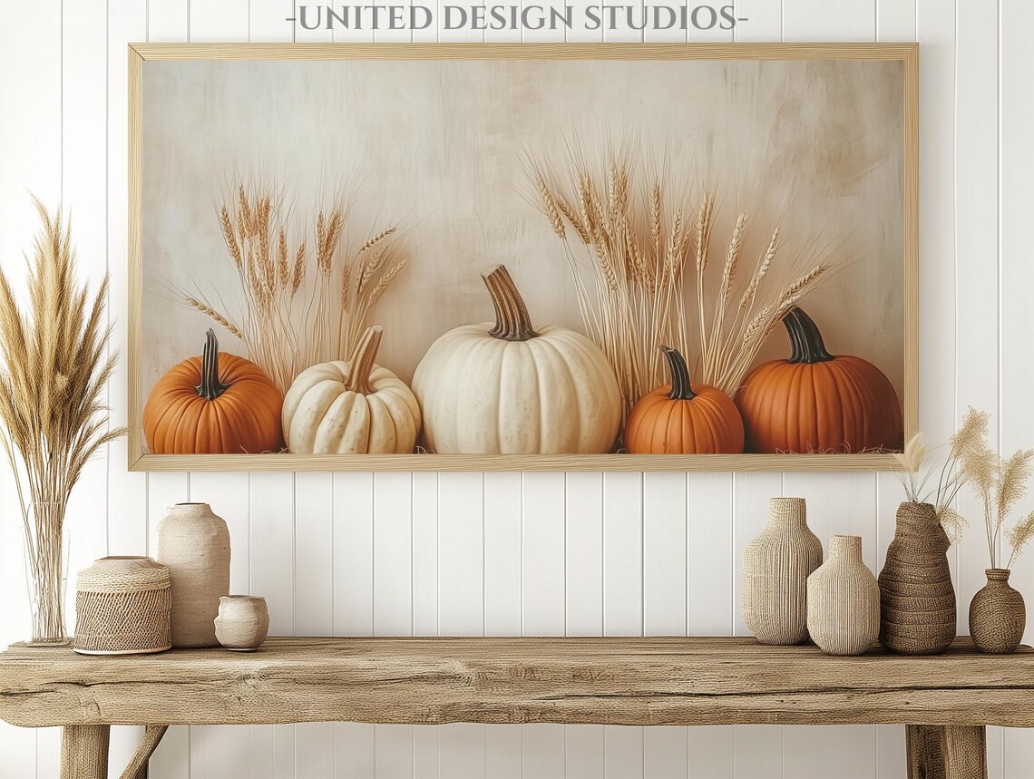 Pumpkins Wheat Harvest Still Life Painting Fall Farmhouse Decor Autumn Poster - Image 2