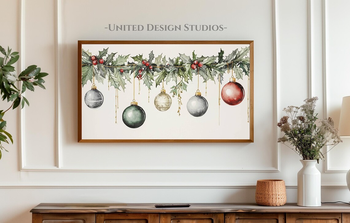 Christmas Holly Garland Hanging Ornaments Watercolor Holiday Poster - Image 3