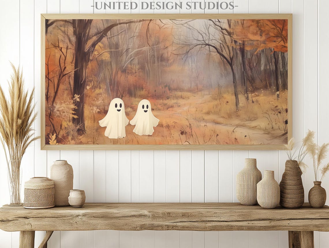 Cute Ghosts Autumn Forest Fall Leaves Halloween Fun Art Poster - Image 2