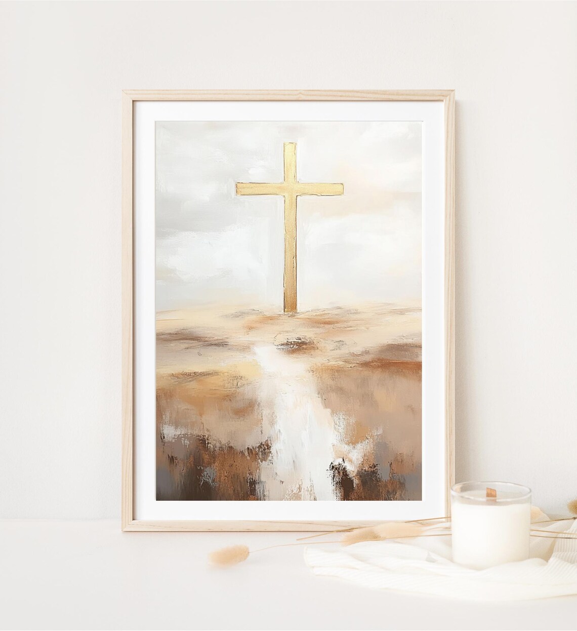 Gold Cross Abstract Beige Christian Faith Minimalist Wall Art Poster - Image 3