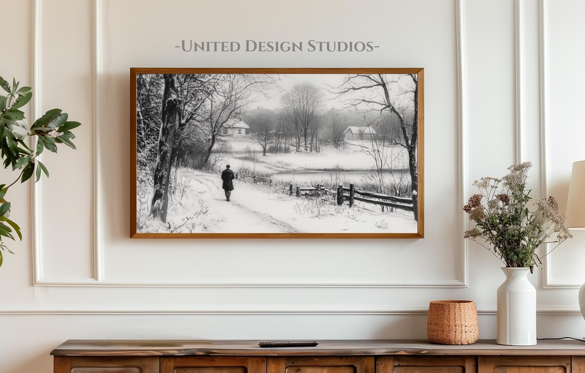 Winter Forest Lake Snowy Path Landscape Vintage Painting Print - Image 3